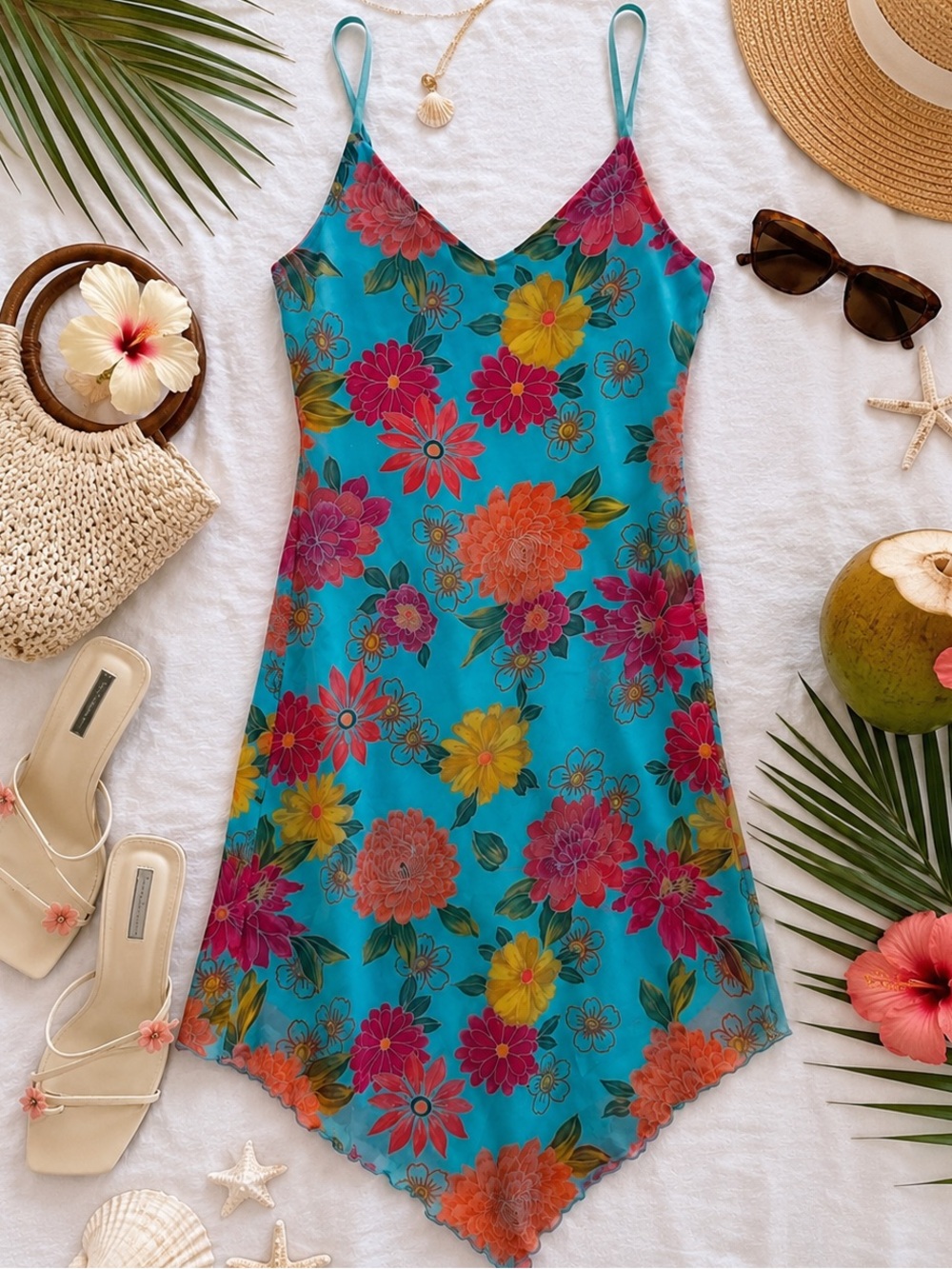 Tropical Floral Hawaiian Y2K Midi Mesh Slip Dress Turquoise Coconut Girl Sz S